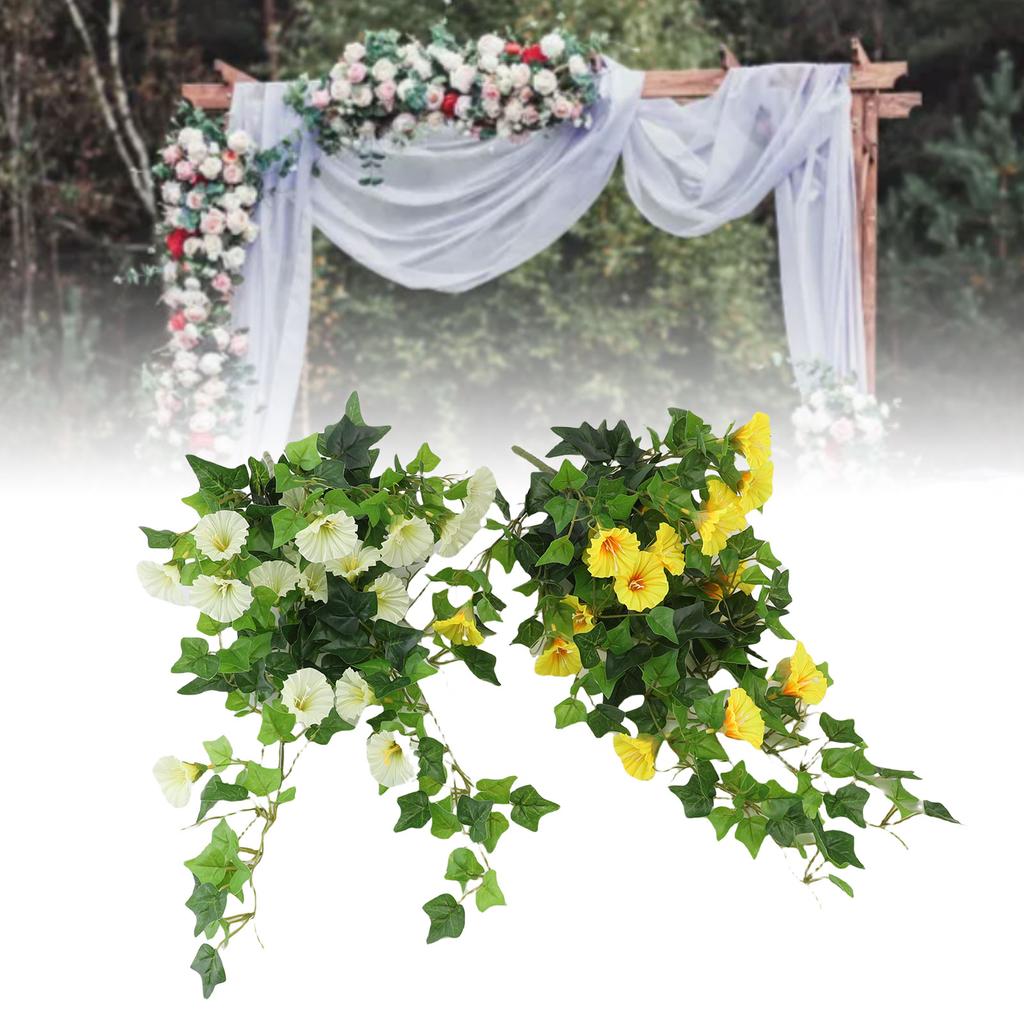 Artificial Morning Glory Flower Garland Lifelike Reusable Faux Hanging Vines Plant for Wedding Party Patio Balcony Wall Decoration White+Yellow