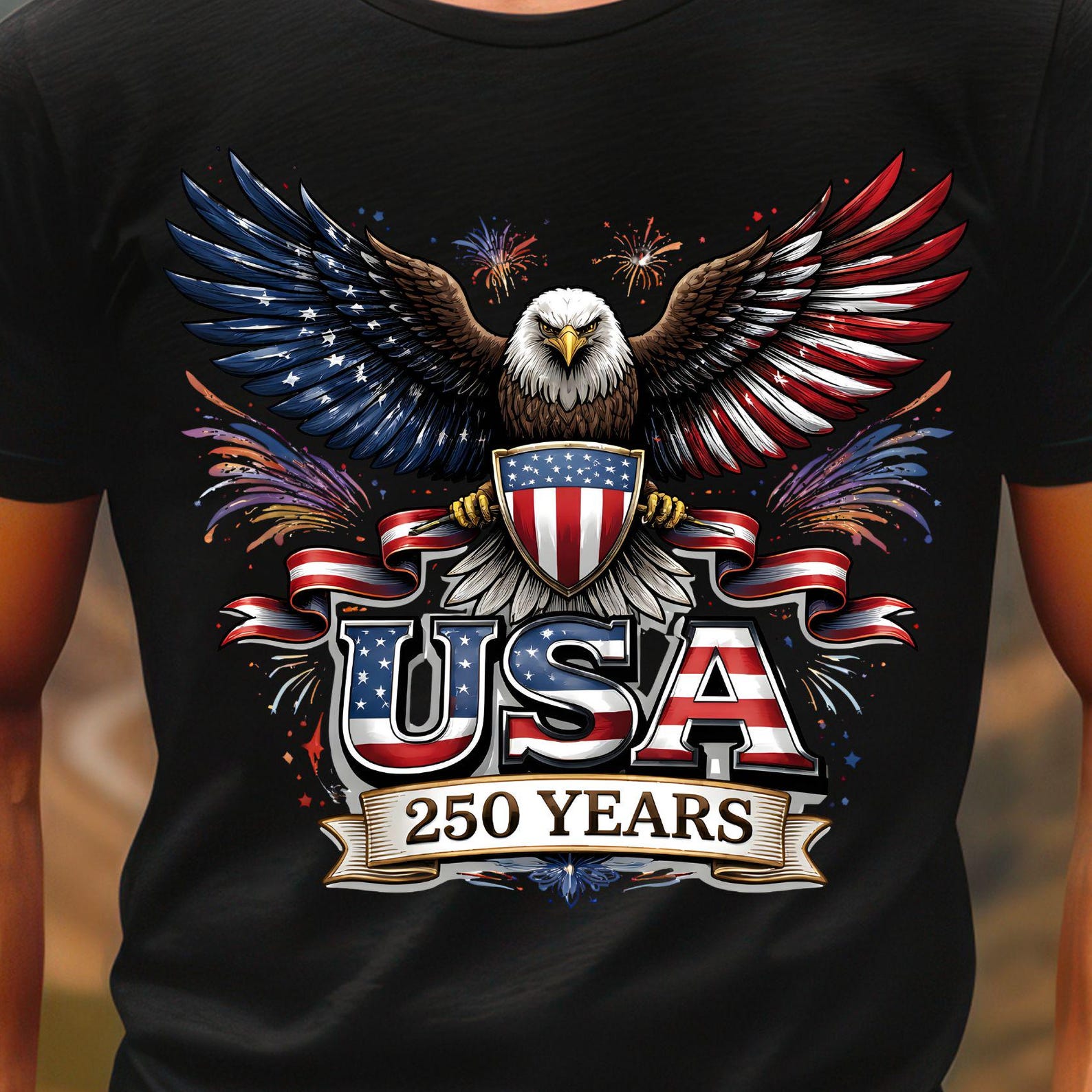 Patriotic Bald Eagle USA 250 Years T-Shirt | American Flag Shield, 10 colors 3XL