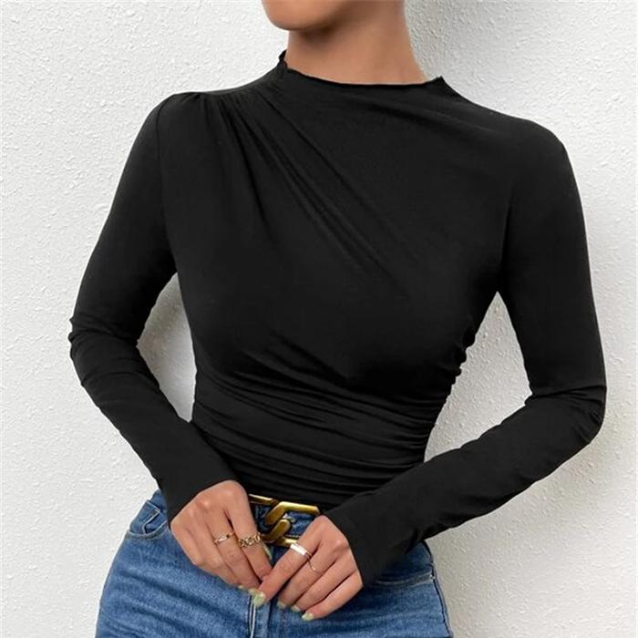 Ladies Spring Autumn Long Sleeve O Neck Solid Color Pleated Bodycon Pullover Casual T Shirt Top