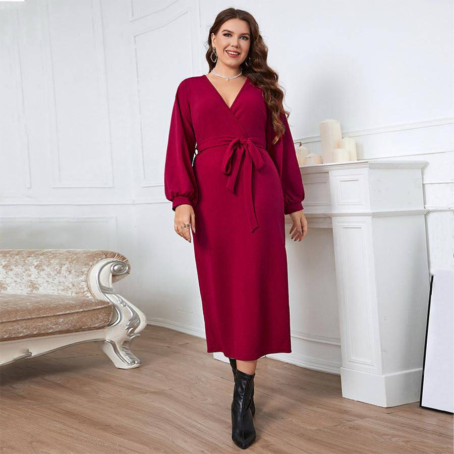 Spring/Autumn V-Neck Red Long Sleeve Slim Fit Overalls Dress