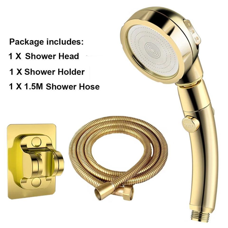High Pressure Shower Head Set With Hose and Holder Golden 3 Modes Large Flow Rainfall Handheld Shower Faucet Bathroom Accessoies