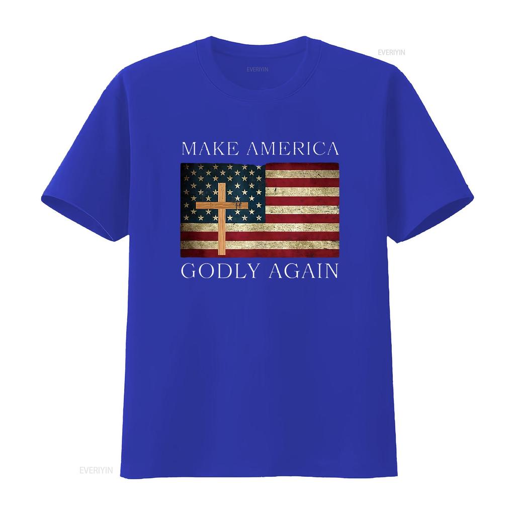 Make America Godly Again American Flag Cross Jesus T Shirt vintage Washed fashion streetwear Slightly homme Breathable