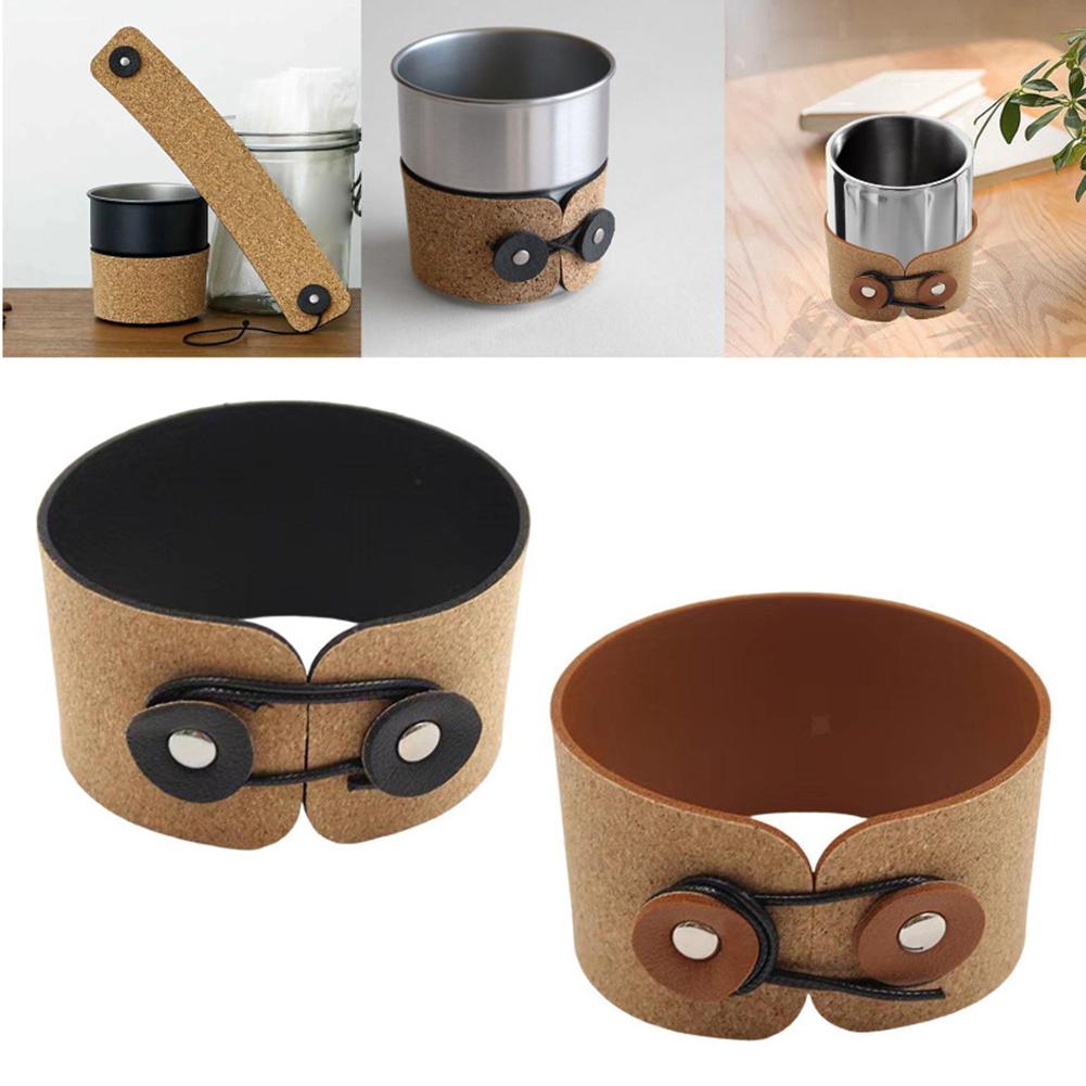 Cork PU Leather Cup Holder Hand Protector Coffee Mug Sleeve Adjustable Cup Sleeve Reusable for Coffee Tea Hot Cold Beverage