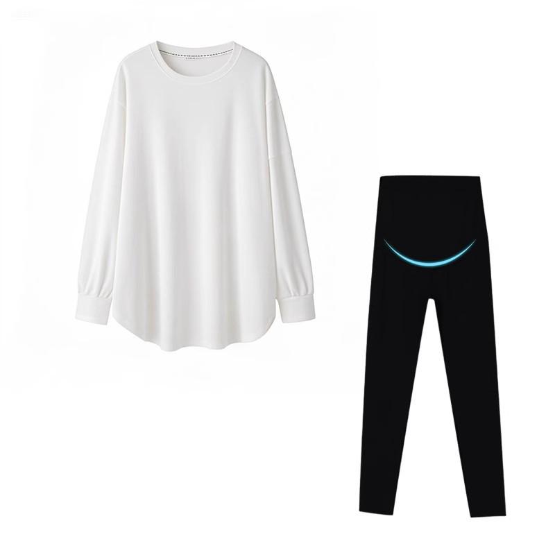 2025 Koreanischer Stil Hellgraues Umstandsschweißshirt & Haifischhosen-Set mit Rundhalsausschnitt