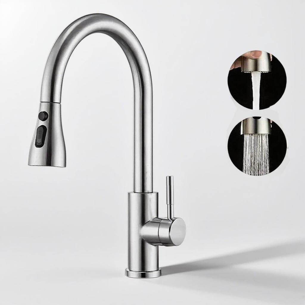 360° Rotatable Stainless Steel Kitchen Faucet with Pull-Out Sprayer for Hot and Cold Water