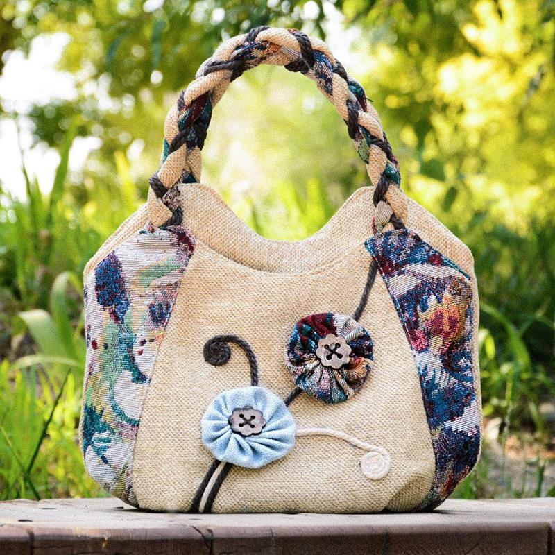 Bohemian Style Handmade Braided Pattern Thick Tote Bag Lightweight Zippered Casual Women Handbag Design With Floral Embroidery And Tassel Accents