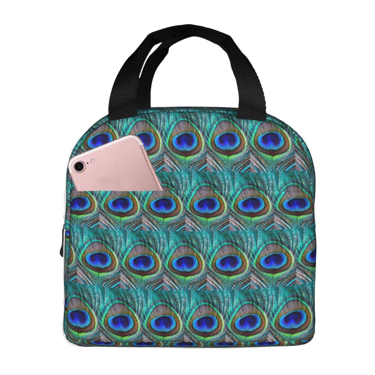 Colorful Peacock Feather Insulated Lunch Bag for Women Kids Portable Food Boxes Thermal Lunch Box Tote One Size