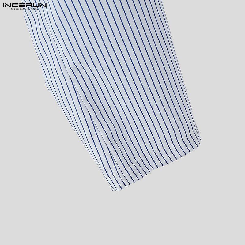 INCERUN Herren Outfits Stehkragen Gestreifte Langarm Crop Tops Reißverschluss High Waist Lange Hosen Sets