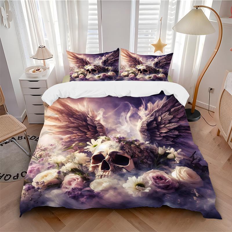 3pcs Angel Skull Printed Bedding Set, Soft and Comfortable Quilt Cover for Bedroom, Guest Room (1 Duvet Cover + 2 Pillowcases, Pillow Core N