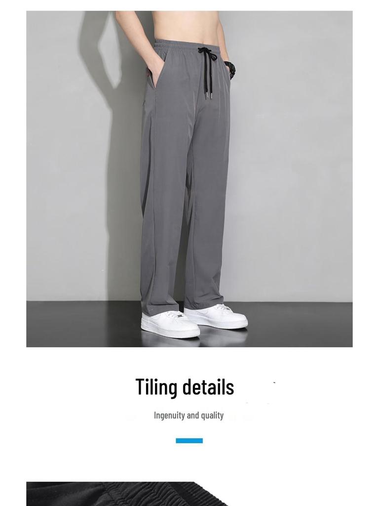 Pantaloni Casual Sottili in Seta Ghiacciata da Uomo - Vestibilità Slim, Stile Coreano, Leggeri, Pantaloni Sportivi Dritti Larghi per Primavera, Estate e Autunno.