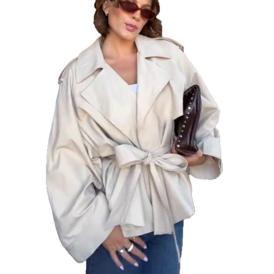 Casual Office Women's Bomber Jacket Chic Lace Up Lapel Collar Full Sleeve Female Coat Spring Office Lady Outerwear Commuting