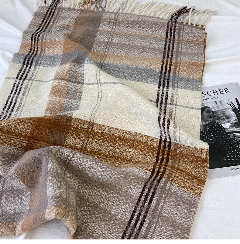 Women's High-End Plaid Tassel Shawl - Imitation Cashmere, Thickened & Warm for Autumn/Winter