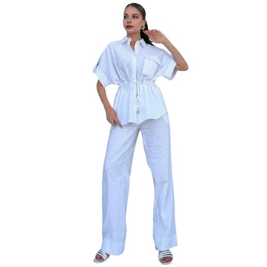 Set 2 bucăți/set de pantaloni de cămașă de vară pentru femei, stil cargo, mâneci scurte, rever, bluză cu șnur, pantaloni cu talie elastică, cu buzunare laterale.