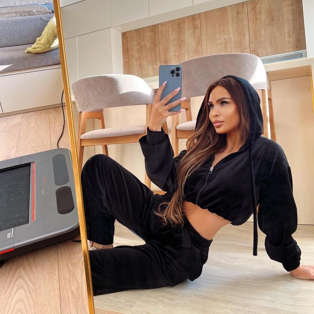 Women Solid Color Long Sleeve Hooded Hoodies Suit Autumn Winter Loose Top Wide Leg Pants