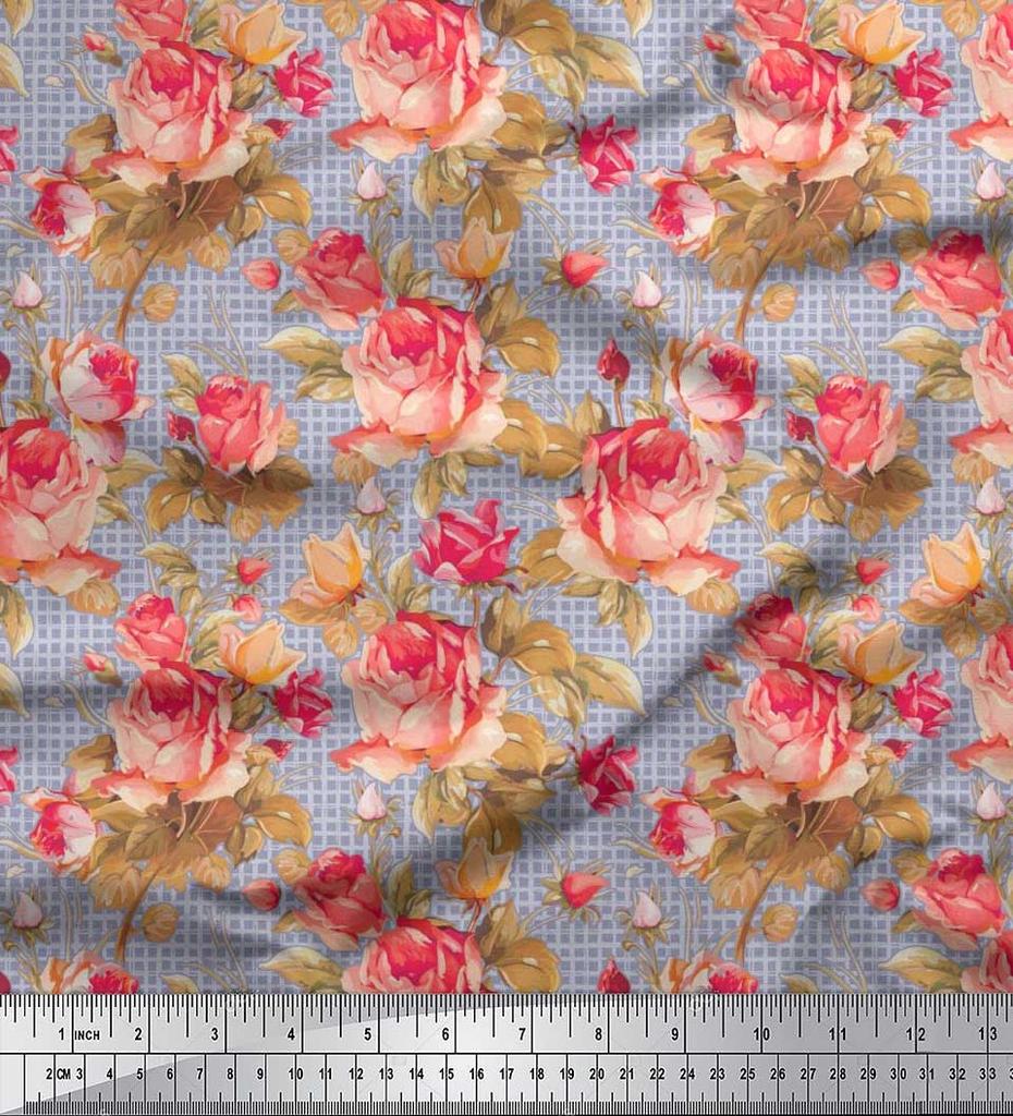 Soimoi Japan Crepe Satin Stoff Sjekk, Blader & Rose Blomstertrykk Sy Stoff meter 42 tommer