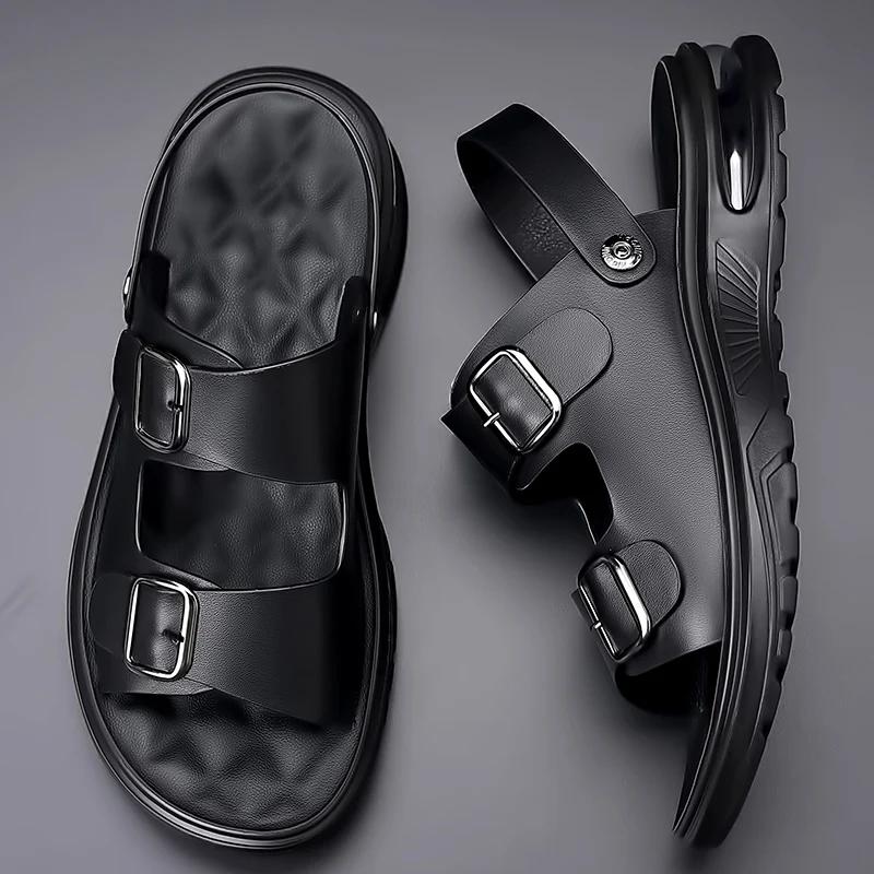 Summer Men's Genuine Leather Sandals Fashion Casual Non slip Large Hollow Breathable Sandals Men's Beach Shoes Hole Shoes