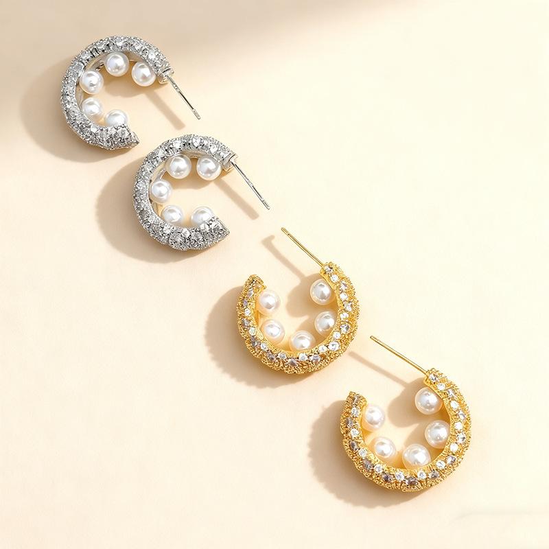 French micro-inlaid zircon row diamond silver needle C-shaped stud earrings women's light luxury niche high-end temperament pearl ear jewelry