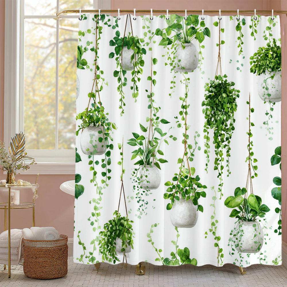 Green leaf plant Shower Curtain, Bathroom Decorative Shower Curtain, Waterproof Shower Curtain with Hooks