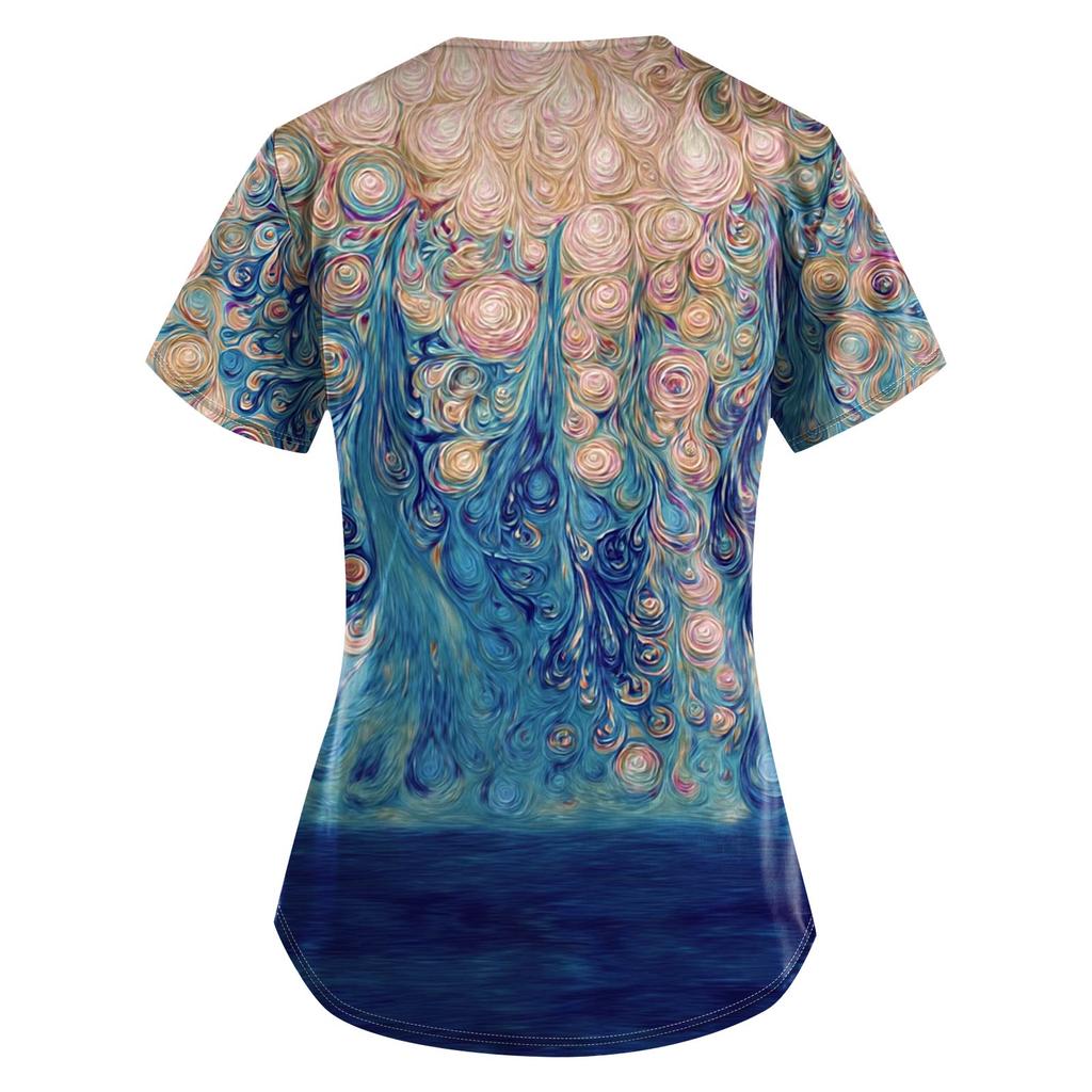 Plus Size Printed Scrub Working Uniform Tops For Women's V-Neck Print Short Sleeve Fun T-Shirts Workwear Tee With Pockets