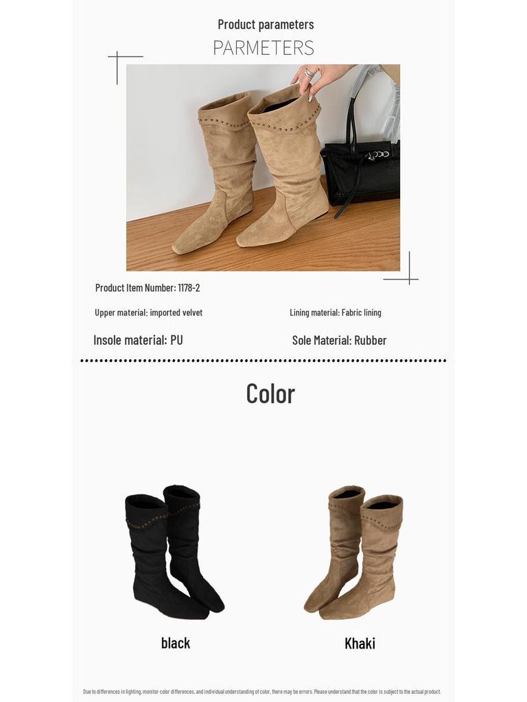 Lammleder Französische Nische Spitz Zehen Keilabsatz Slouch Cowboy Stiefel Damen 2025 Hohe Stiefeletten