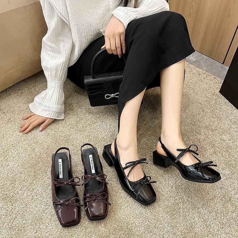 Elegant Patent Leather Mary Janes Shoes 2025Summer Bowknot Square Women's Chunky Heel Shoes Comfortable Ladies Back Strap Sandal