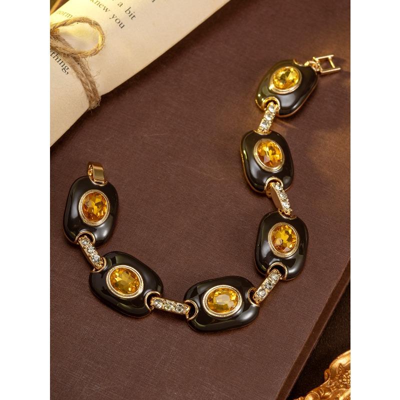 Medieval vintage brown enamel with diamonds geometric necklace retro temperament versatile necklace medieval sweater chain