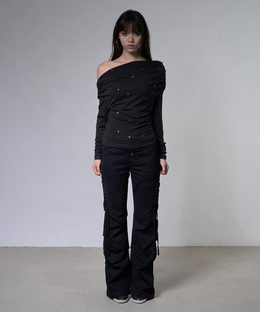 FANCY CLUB Eyelet Cowl One-Shoulder Top (Black) F26Zb520