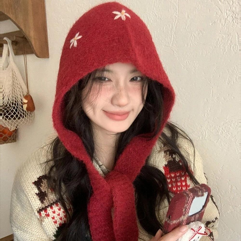 Woolen Neck Collar Beanies Cap Embroidered Flowers Pullover Cap Cute Knitted Balaclava Hat Female