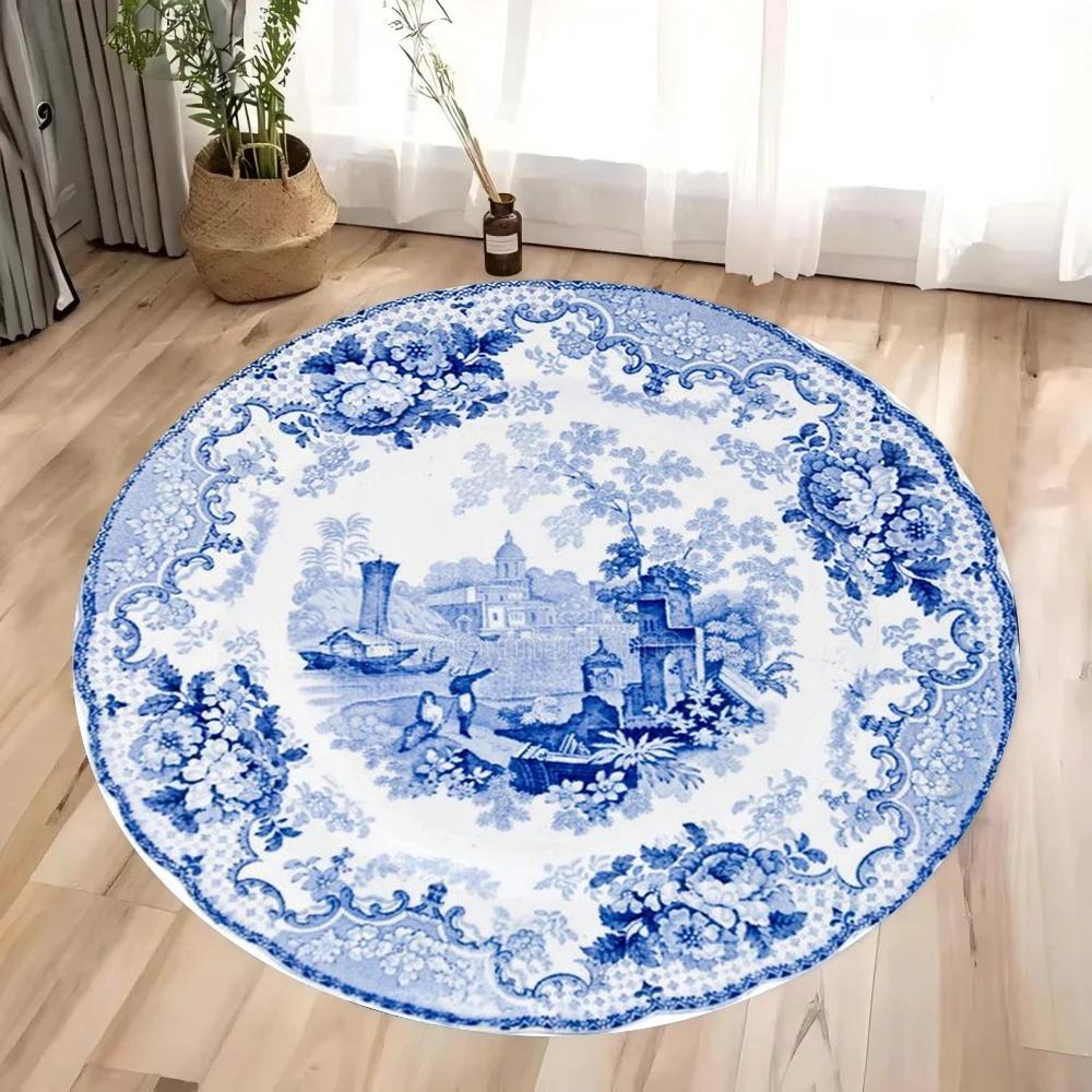 Chinese Blue and White Porcelain Style Circular Carpet Living Room Rug Anti Slip Dirt Resistant Mat Home Decoration