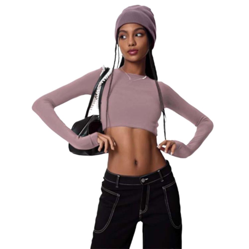

Elastic Backless T Shirts Long Sleeve Bottoming Shirts Comfortable Slim Crop Top Fitness M роза розовый