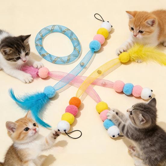 Cat Wand Toy Replacement Cute Caterpillar with Colorful Plush Balls And Feathers Elastic Net Tube Cat Toy Accessory for Kittens Interactive Wand