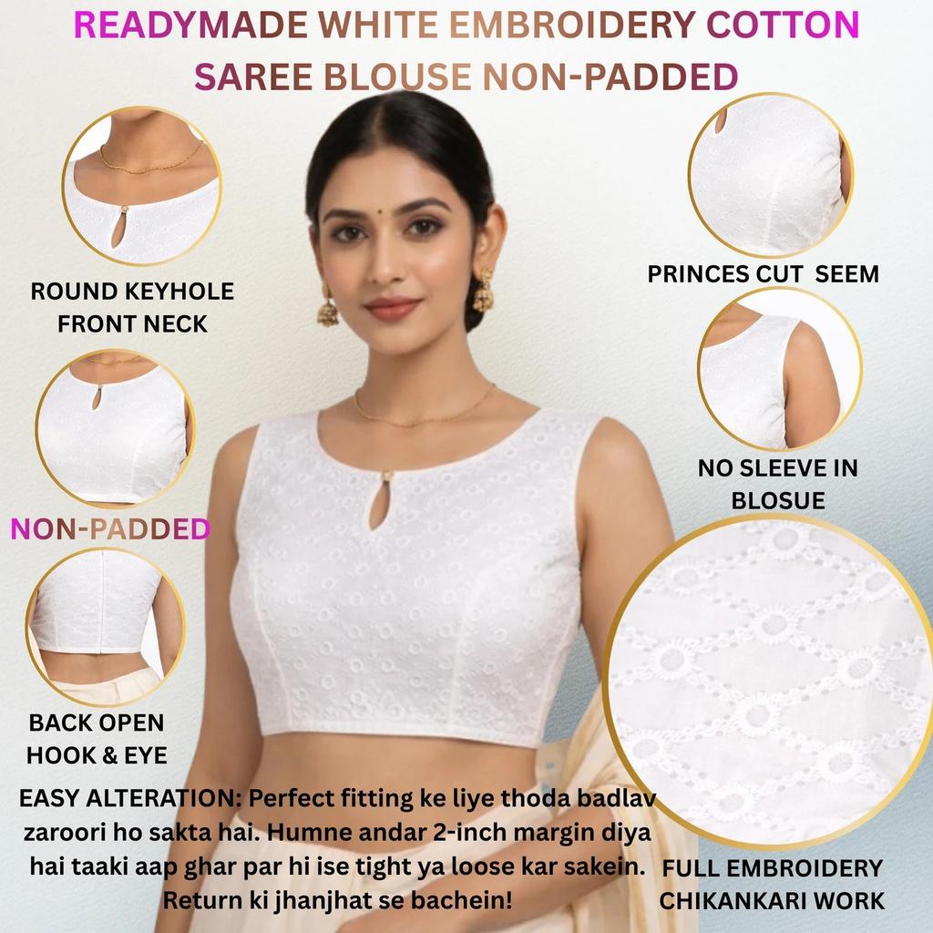 White Pure Cotton Embroidey Crop Choli Indian Women's Ethnic Designer Blouse