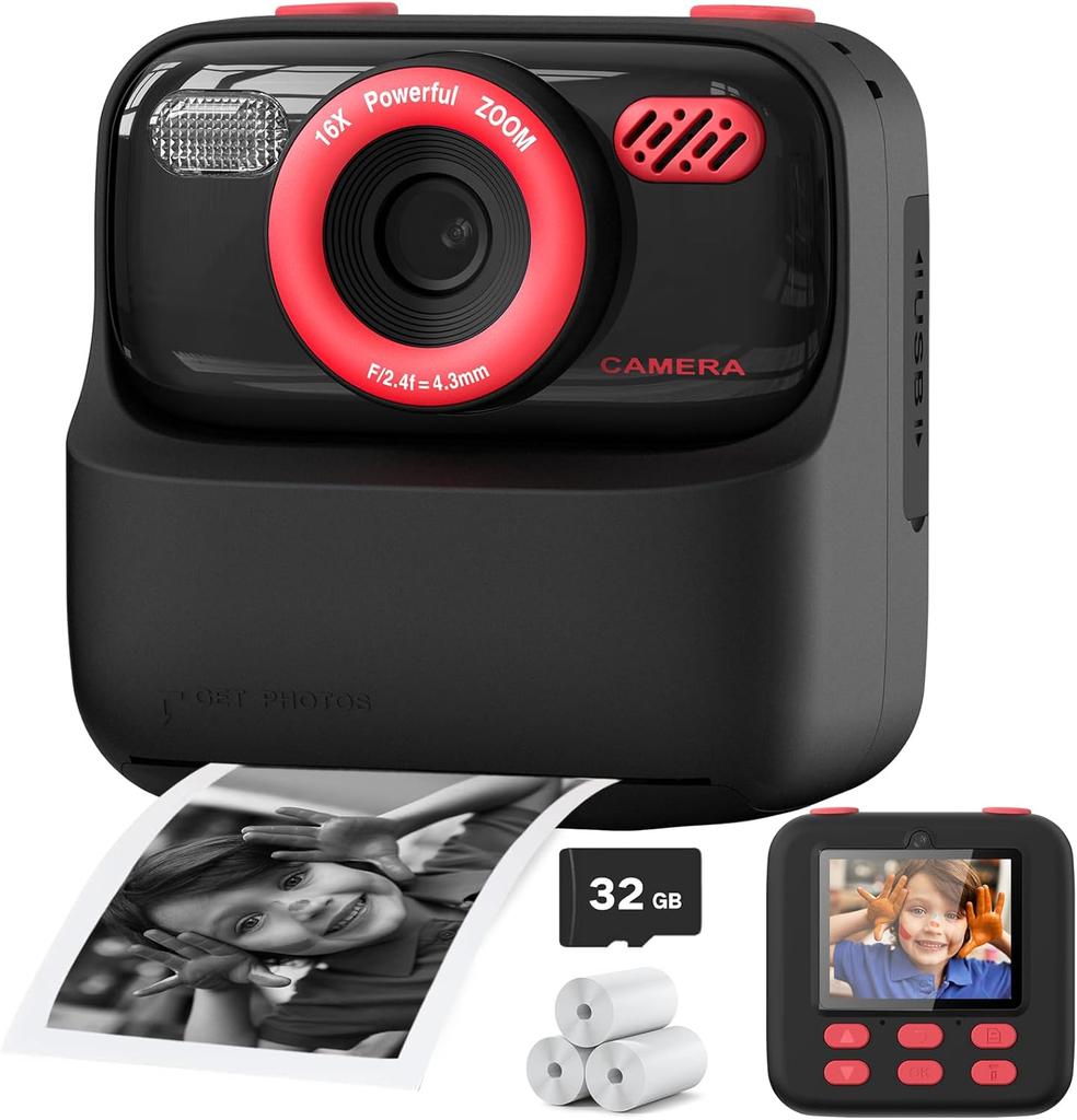 Kids Camera Instant 1080P HD Dual Lens Selfie Digital Camera for Girls Boys Christmas Birthday Gifts Toys With 32G Print