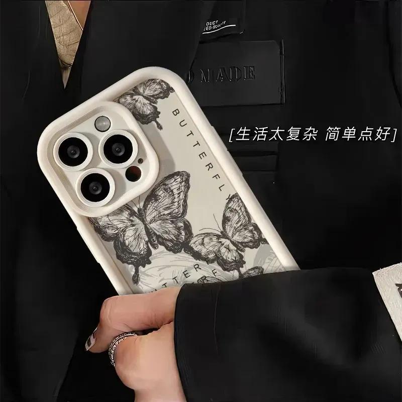 Premium Korea Style Case for iPhone 15 Pro Max 14 13 12 11 Xsmax XR- Art Oil Painting Butterfly Soft Phone Case for Women Girls Lady Full Body