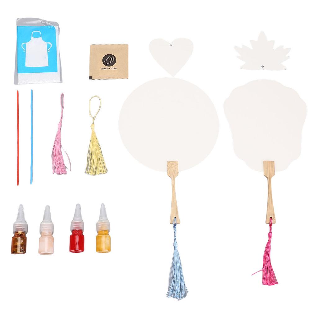 Blank Fan Painting Kit Handheld Paintable Blank Paper Fan with Paints Tassels Plastic Sticks Bookmarks