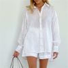 Women's Casual Long Sleeve Shirt & Shorts Set - Breathable Outfit For Summer