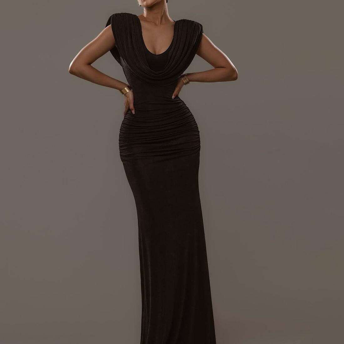 

Women s Autumn Solid Color Cowl Neck Ruched Bodycon Dress Small чорний