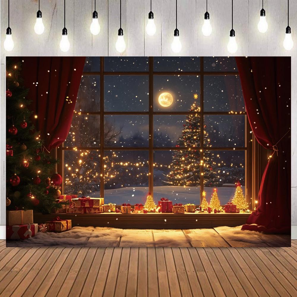 Christmas Photo Backdrop Santa Claus Gifts Xmas Tree Snowflake Full Moon Teddy Bear Photography Backgrounds Photoshoot Supplies4