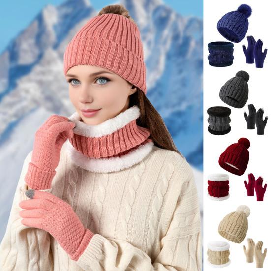 3Pcs/Set Winter Knitted Scarf Gloves Set Pom Pom Ball Fleece Lining Brimless Hat Touchscreen Gloves Neck Warmer Set