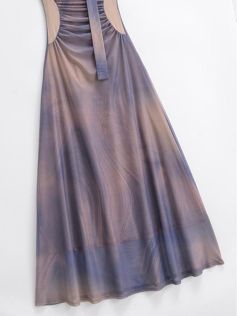 French Elegant Color Block Pleated Off-Shoulder Slip Dress for Women - 2025 Vacation Style