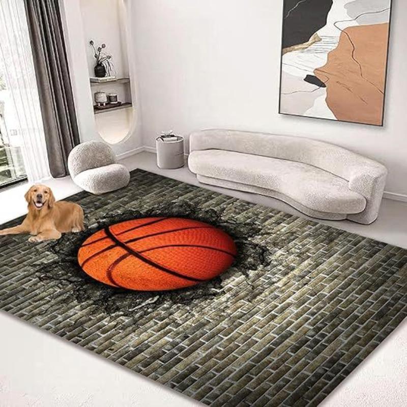 Dynamic Sports Ball Rugs Flaming Football Basketball Design Brick Wall Breakthrough for Game Room Man Cave Decor