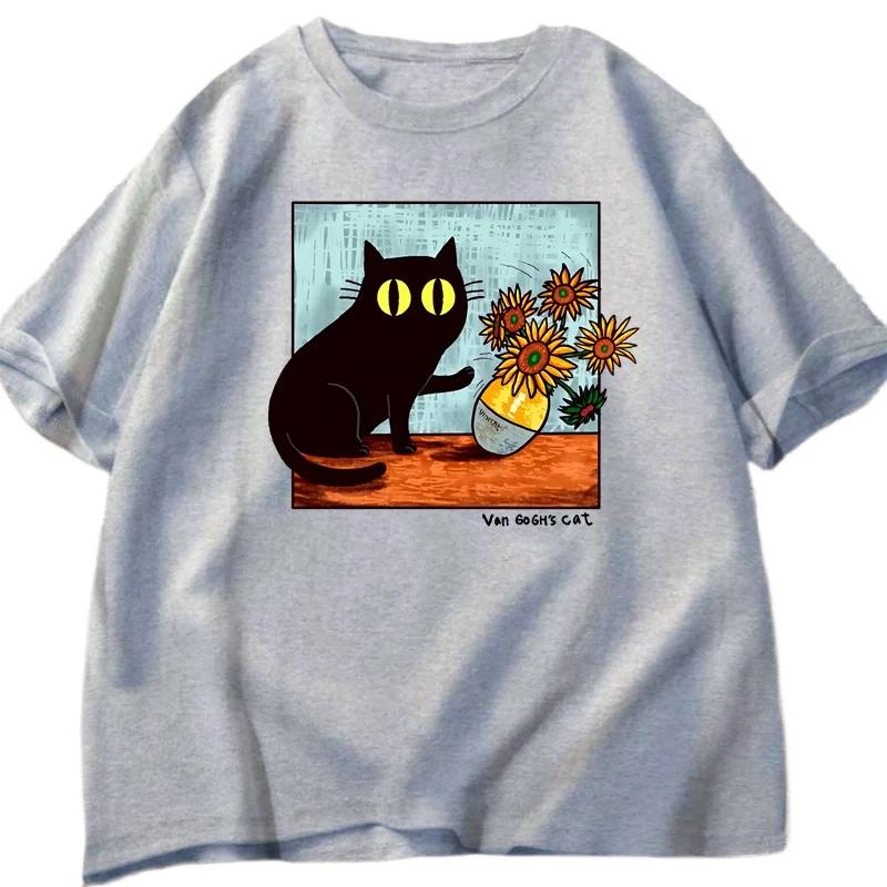 Van Gogh Cat Graphic T Shirts Men Women Flower Black Cat T-shirt Round Neck Short Sleeve Trendy Tee Shirt Street Wear Summer