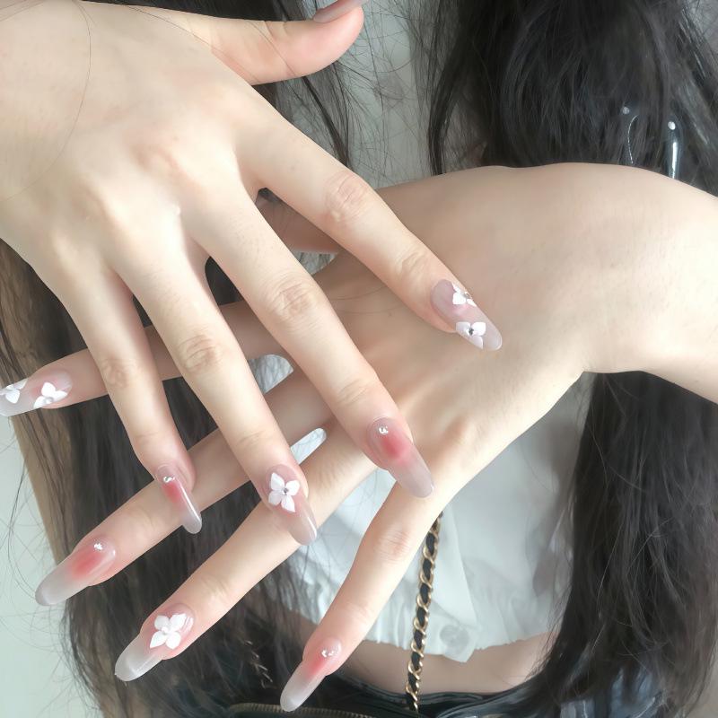 2026 Pure Desire Nude Blush Press-On Nails with 3D Flower Rhinestones & Whitening Handmade Nail Art Stickers