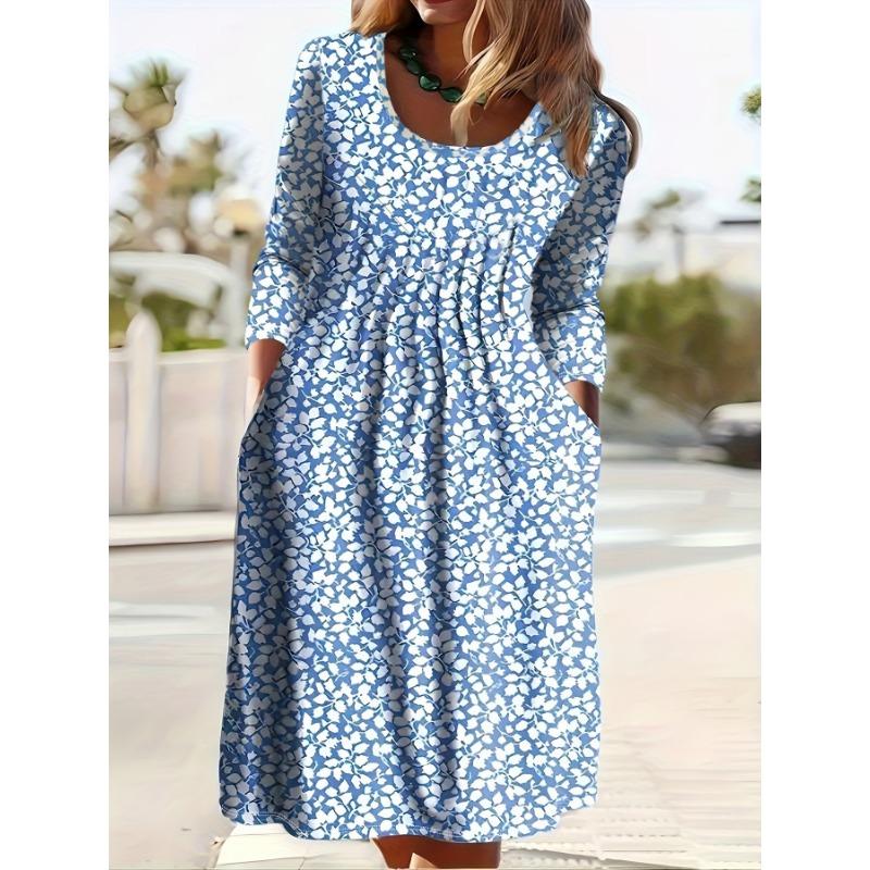 YYFS Women's Fashion Spring Fall Flower Pattern Print Long Sleeve U-Neck Loose Waistline Casual Dresses