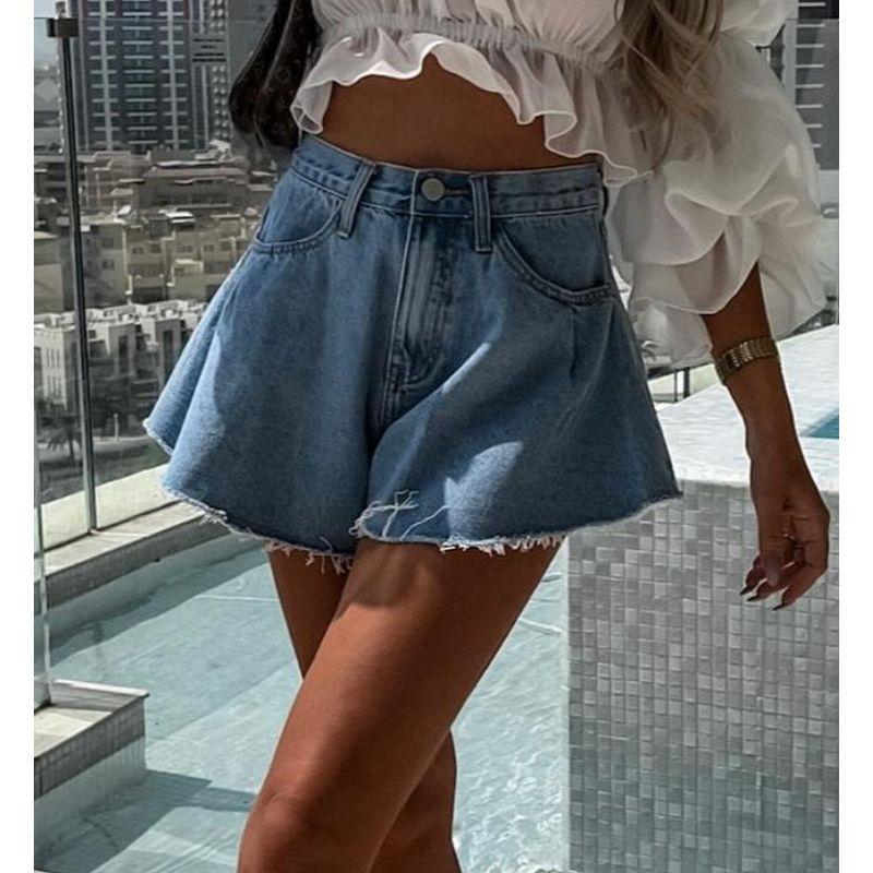 

High Waisted Button down Umbrella Pants High Waist Button Denim Umbrella Pants for Women Light blue XS
