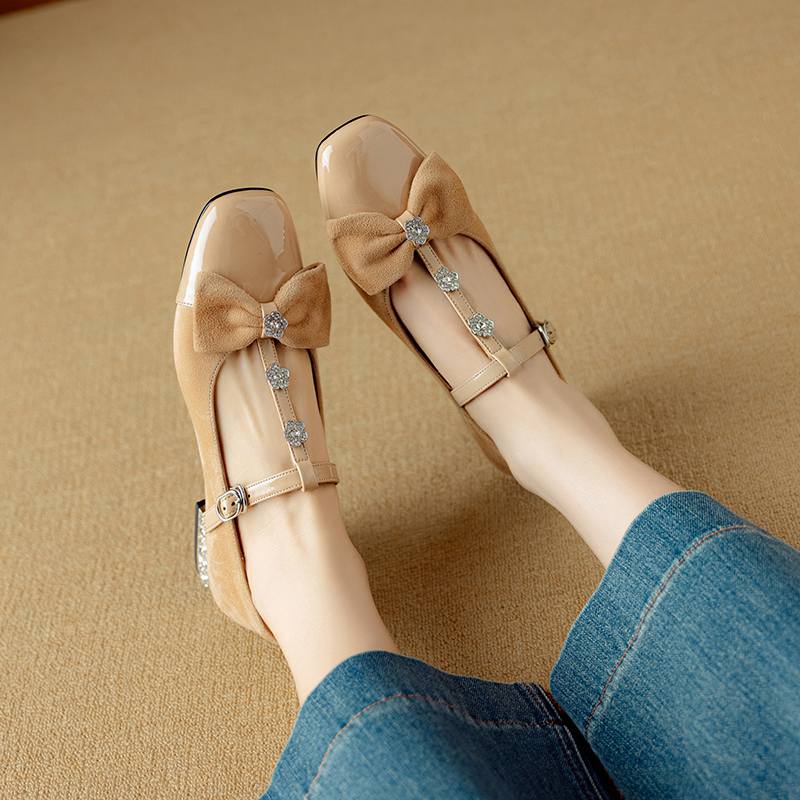 Krazing Pot Sheepskin Summer Size 40 Crystal Low Heels Butterfly-knot Rhinestone Flowers Square Toe Elegant Sweety Pumps