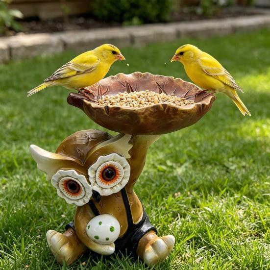 Owl Statue Bird Feeder Resin Decorative Bird Feeder Outdoor Cute Owl Bird Feeder for Garden Balcony Yard Front Porch Decoration