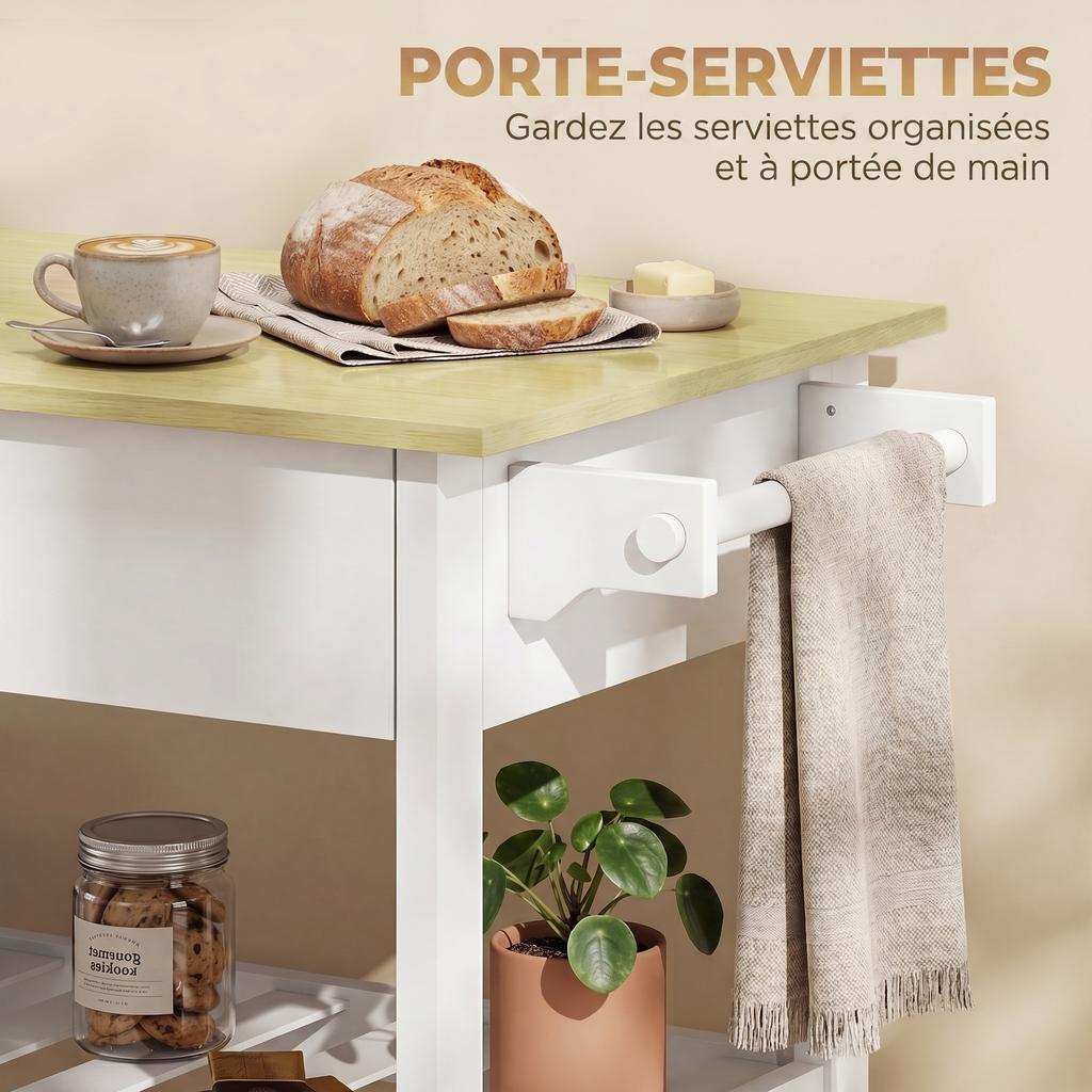 Kitchen Trolley on Wheels, Worktop, Drawer, Shelves, Towel Rack, White