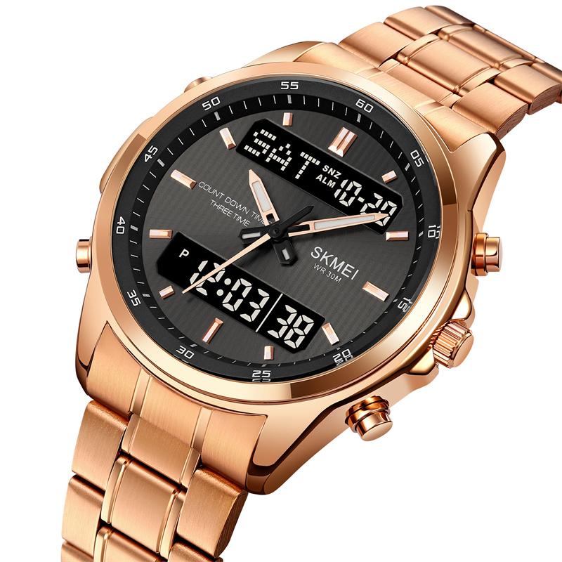 Skmei Mens Quartz Analog Bracelet Watches Luxury Stainless Steel Strap Led Waterproof Digital Sports Three Time Zone Alarm Clock