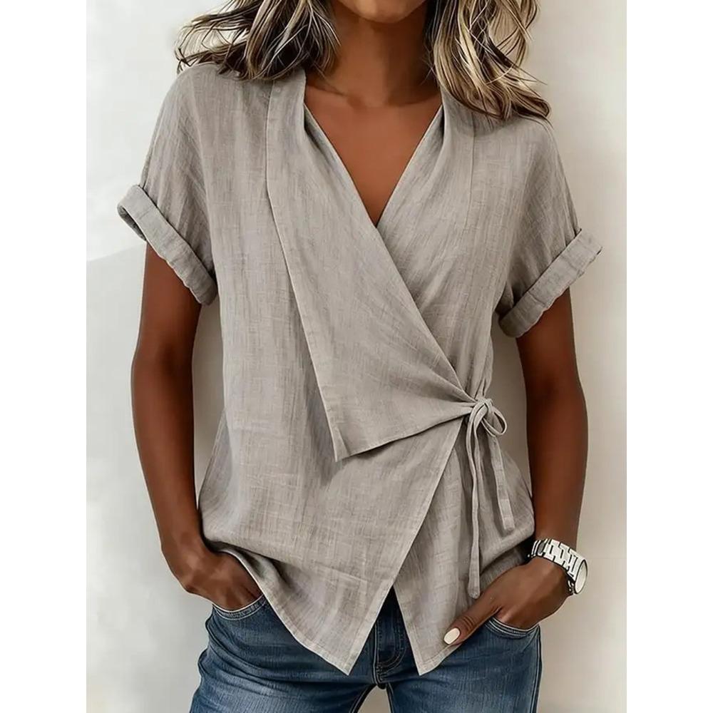 women s Wrap V Neck Blouse Tie Waist Rolled Sleeve Casual Linen Blend Shirt S серый